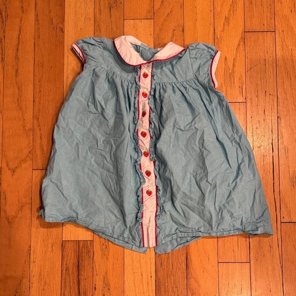 Little English | Tiny Blue/White Gingham with Red Strawberries | girls 4T Dress